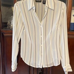 New York & Company XS Blue & Black Striped Sheer Button-up blouse